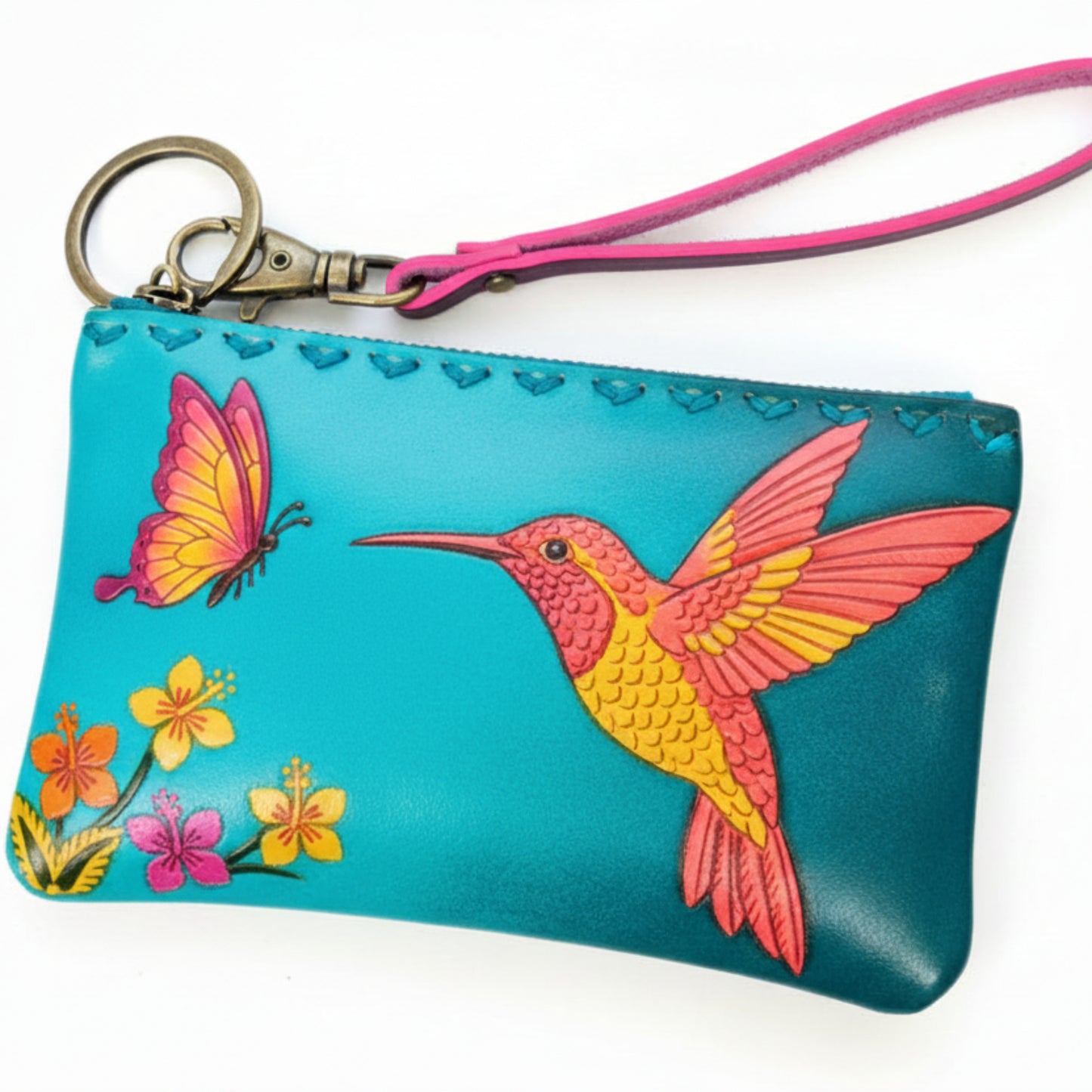 Light In The Space Handmade Leather Hummingbird Coin Purse - Teal / Pink / Yellow Tropical Wristlet