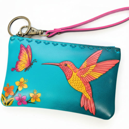 Light In The Space Handmade Leather Hummingbird Coin Purse - Teal / Pink / Yellow Tropical Wristlet