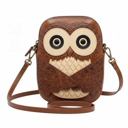 Light In The Space Handmade Leather Owl Crossbody Bag - Cognac Brown / Cream Animal Purse