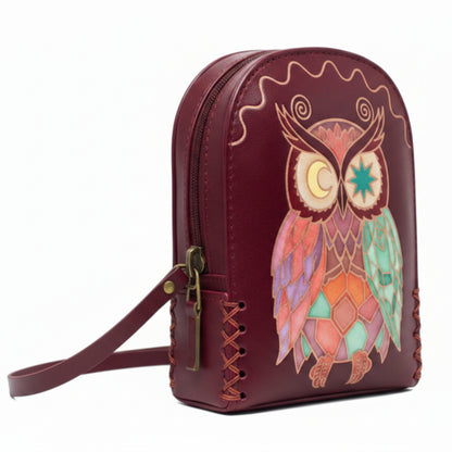 Light In The Space Handmade Leather Owl Mini Crossbody Bag - Dark Red Celestial