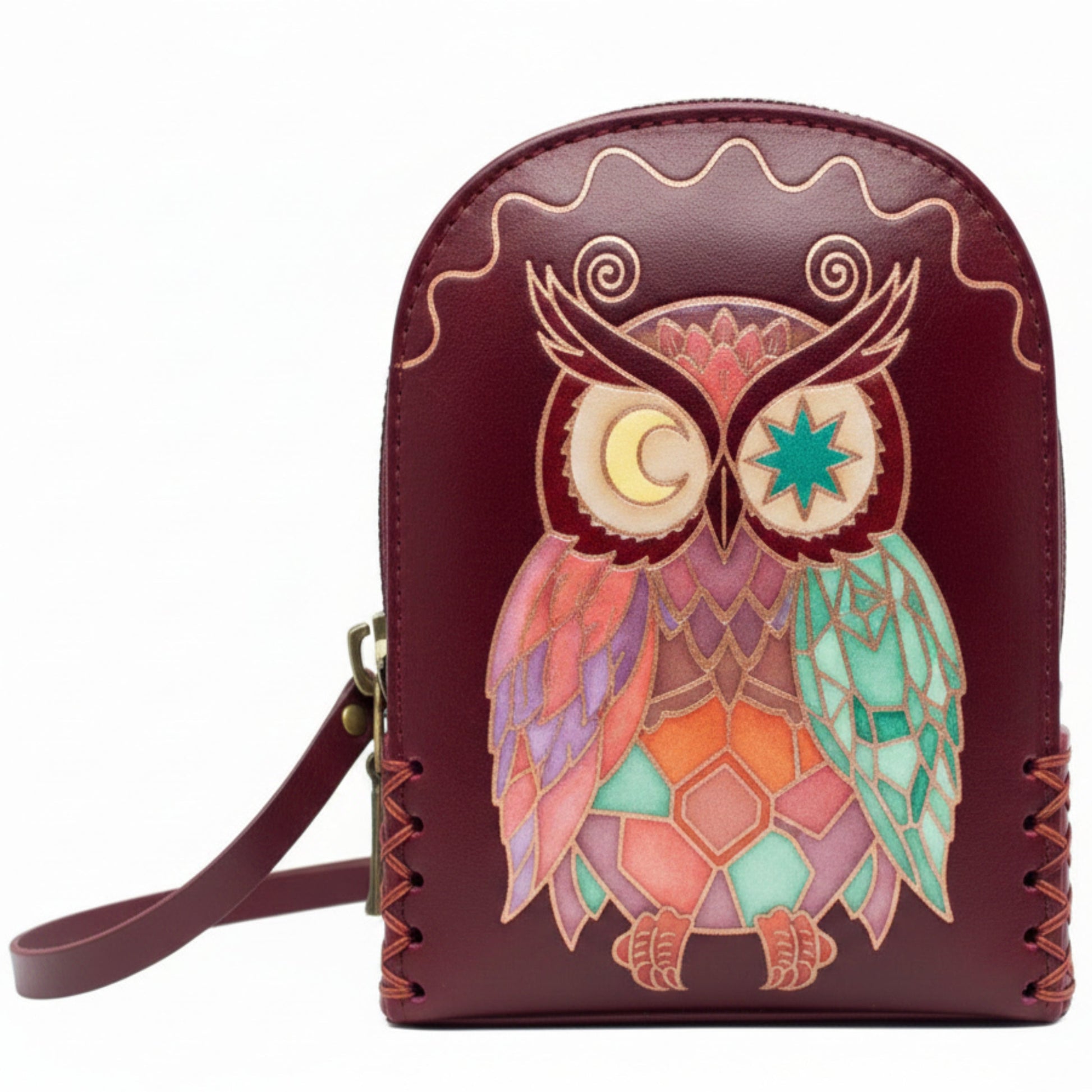Light In The Space Handmade Leather Owl Mini Crossbody Bag - Dark Red Celestial - Multicolor