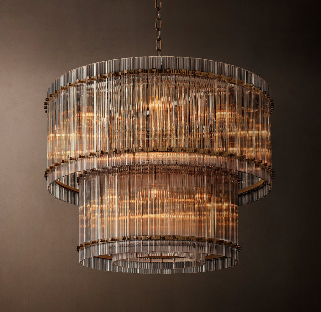 Sculptural San Marco Glass Two-Tier Round Chandelier – 37" Antiqued Brass — view 2