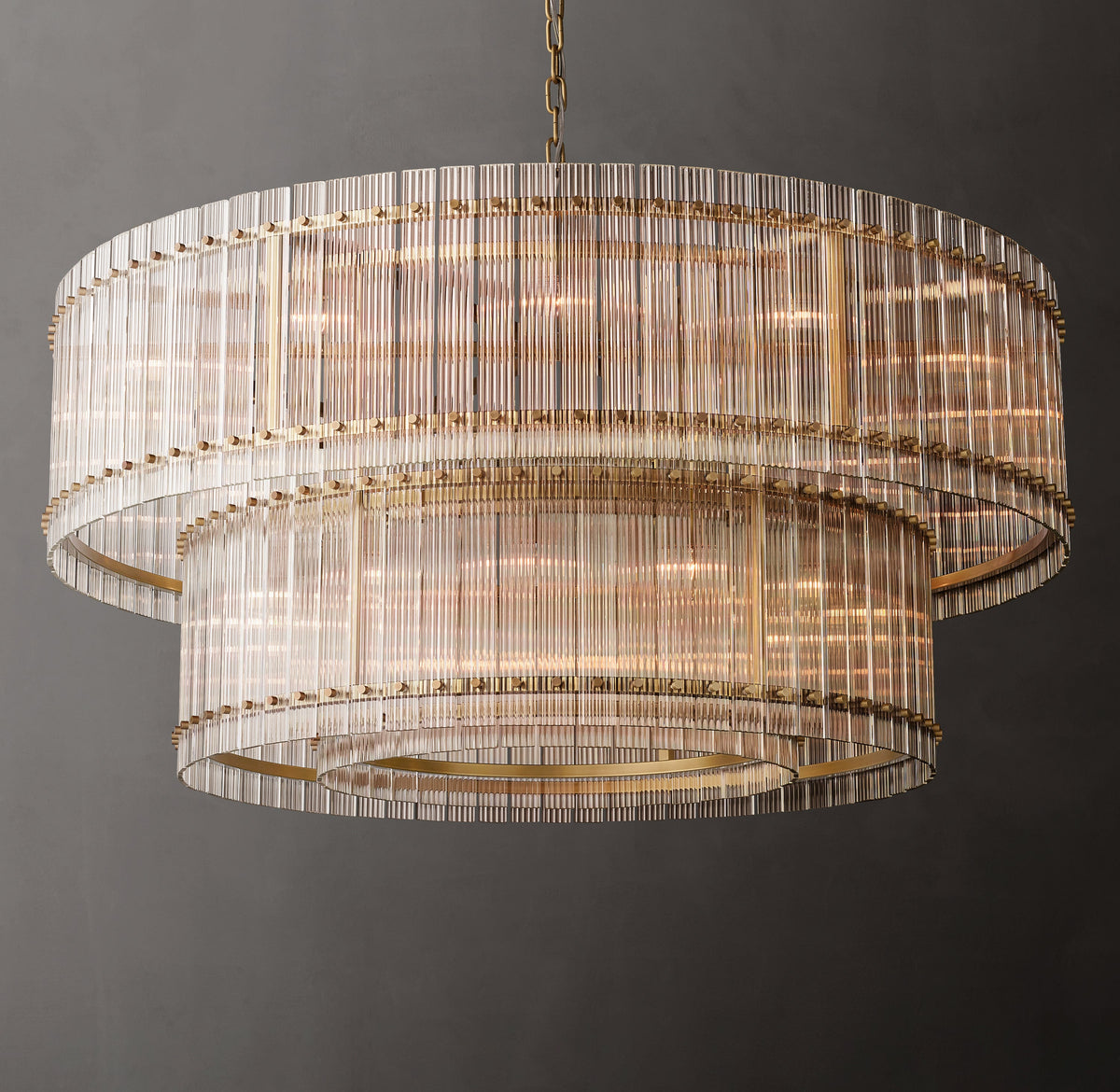 Sculptural San Marco Glass Two-Tier Round Chandelier – 60" Antiqued Brass — view 1