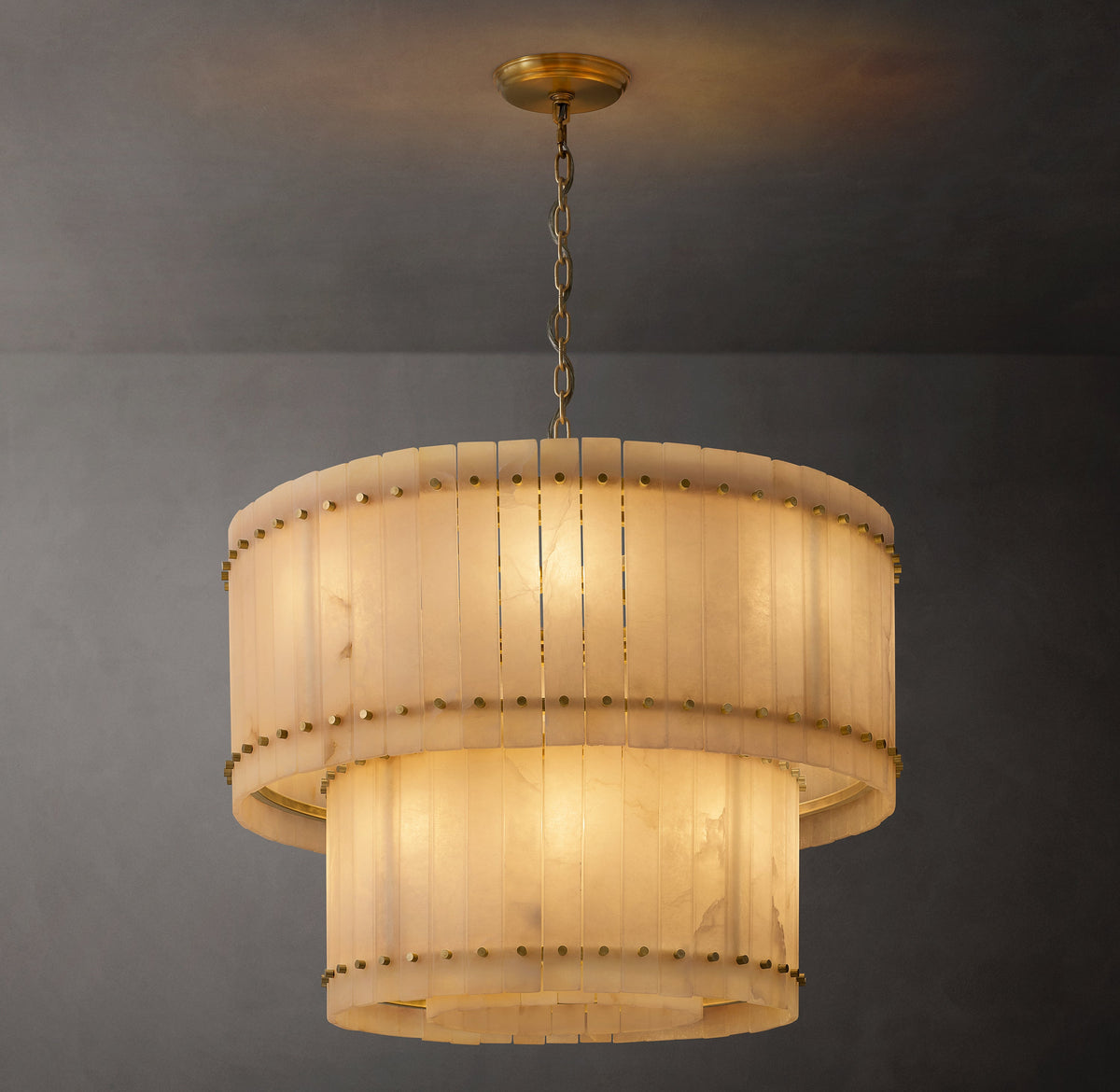 Sculptural San Marco Alabaster Two-Tier Round Chandelier – 37" Antiqued Brass — view 1