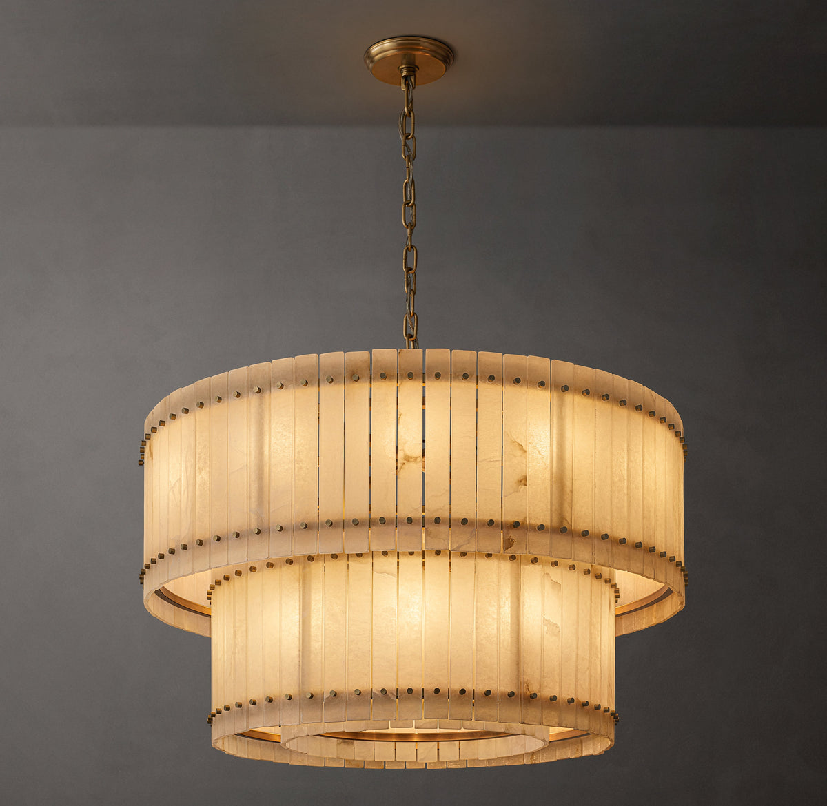 Sculptural San Marco Alabaster Two-Tier Round Chandelier – 48" Antiqued Brass — view 1