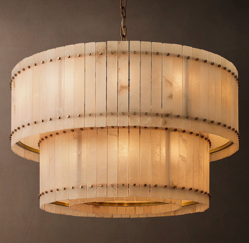 Sculptural San Marco Alabaster Two-Tier Round Chandelier – 48" Antiqued Brass — view 3