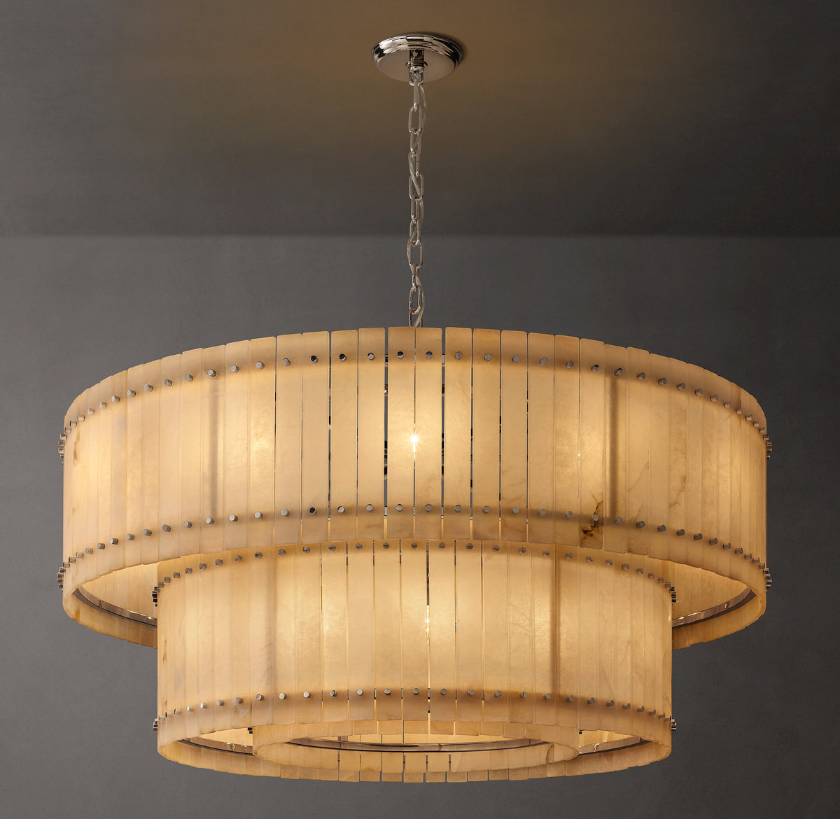 Sculptural San Marco Alabaster Two-Tier Round Chandelier – 60" Polished Nickel — view 1