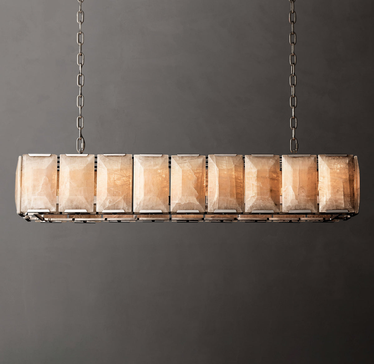 Signature Harlow Calcite Rectangular Chandelier – 62" Polished Stainless Steel — view 1