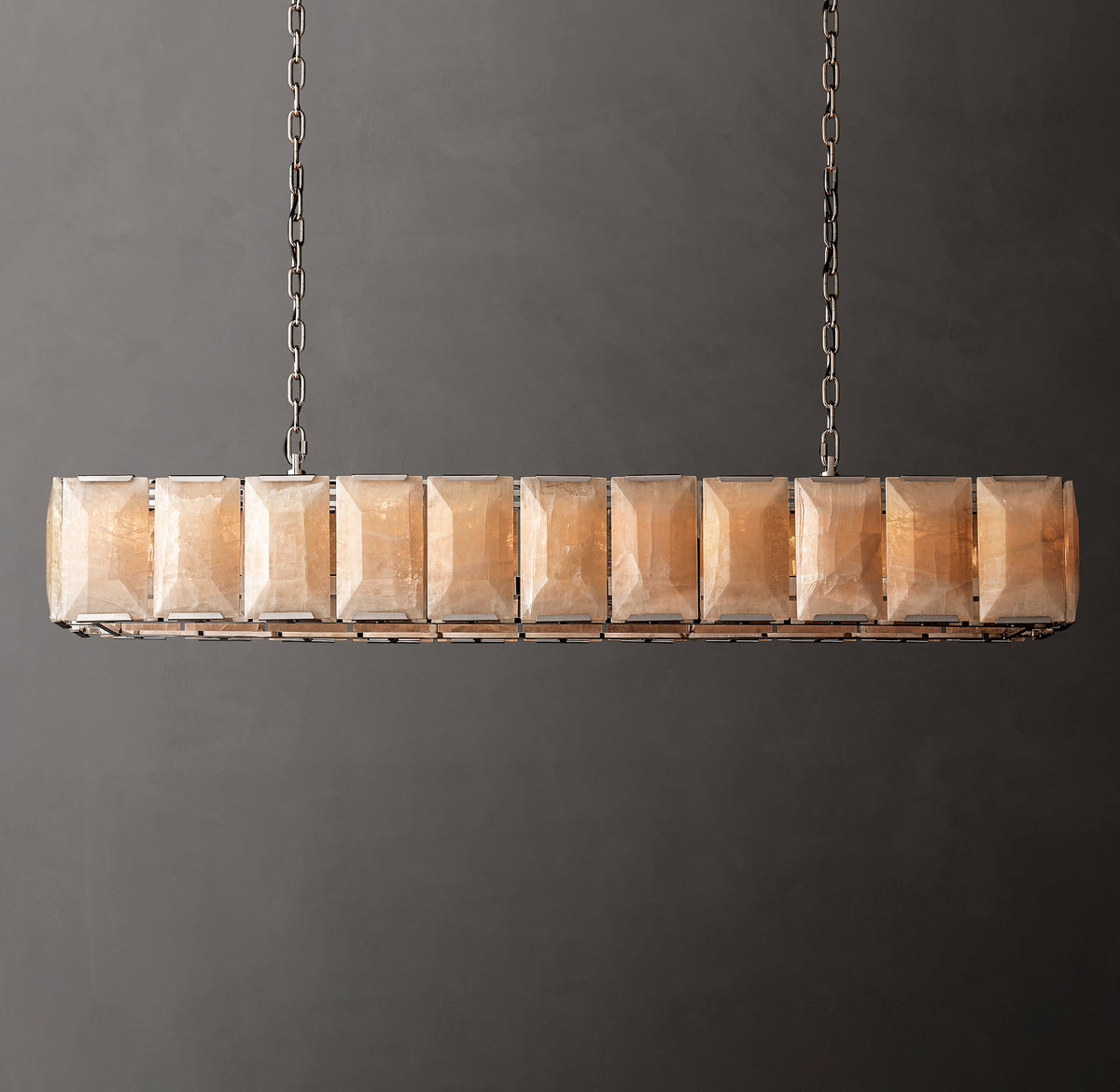 Signature Harlow Calcite Rectangular Chandelier – 74" Polished Stainless Steel — view 1