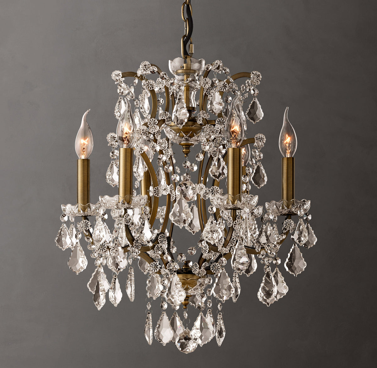 Sculptural 19th C. Rococo Iron & Crystal Round Chandelier – 18" Antiqued Brass/Clear Crystal — view 1