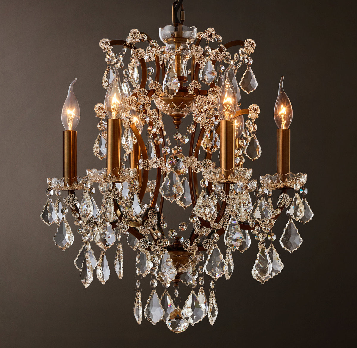 Sculptural 19th C. Rococo Iron & Crystal Round Chandelier – 18" Antiqued Brass/Clear Crystal — view 2