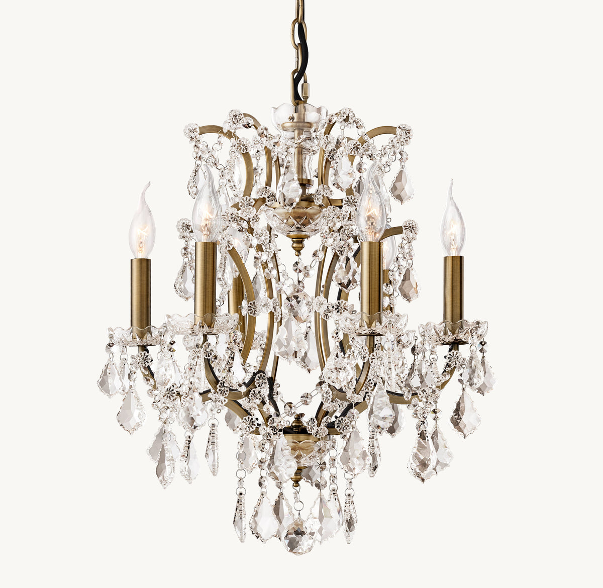 Sculptural 19th C. Rococo Iron & Crystal Round Chandelier – 18" Antiqued Brass/Clear Crystal — view 5