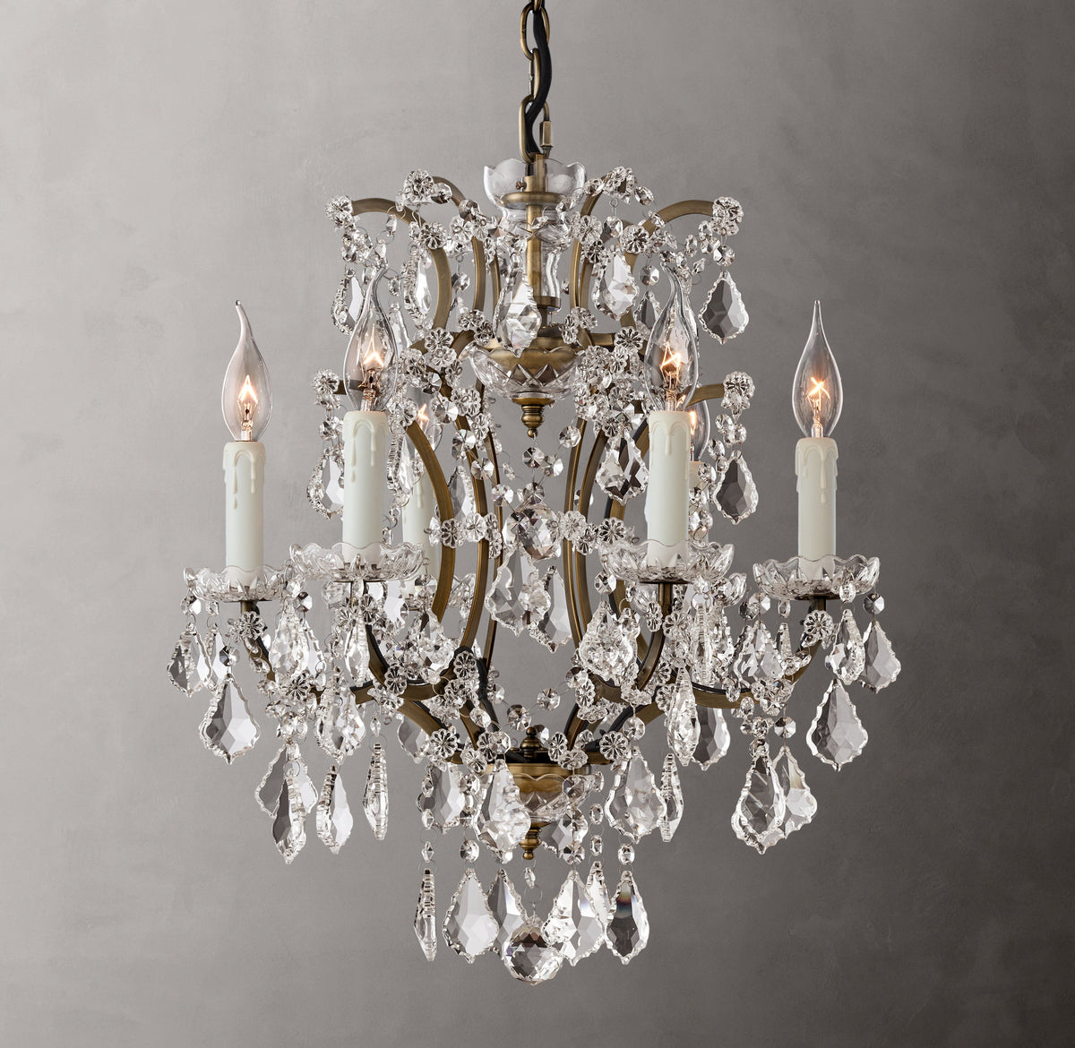Sculptural 19th C. Rococo Iron & Crystal Round Chandelier – 18" Antiqued Brass/Clear Crystal — view 6