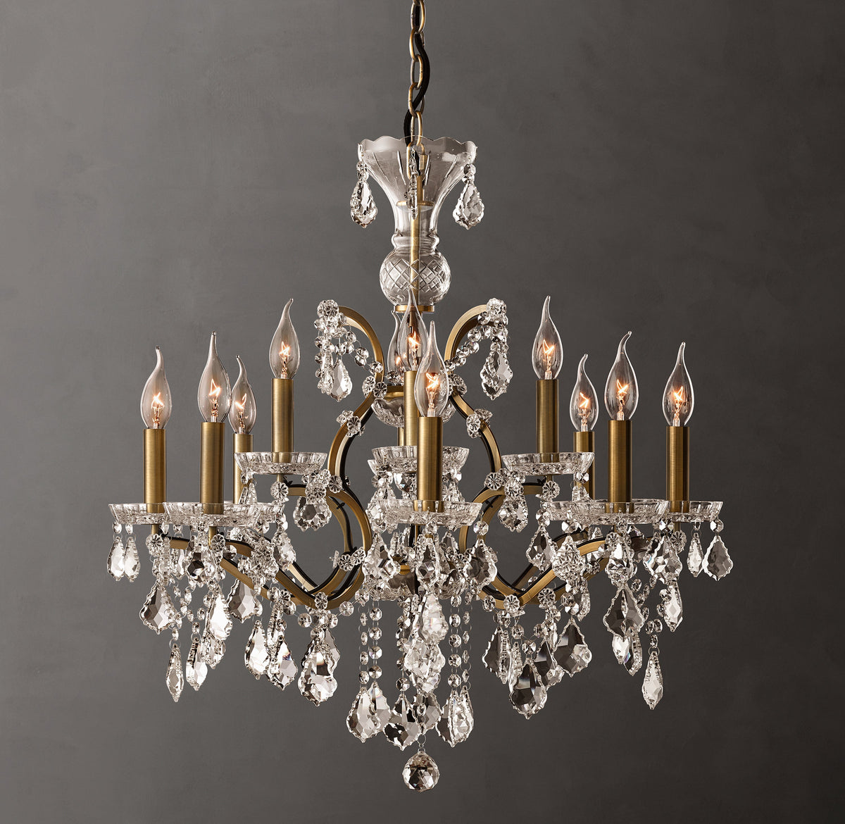 Sculptural 19th C. Rococo Iron & Crystal Round Chandelier – 28" Antiqued Brass/Clear Crystal — view 1