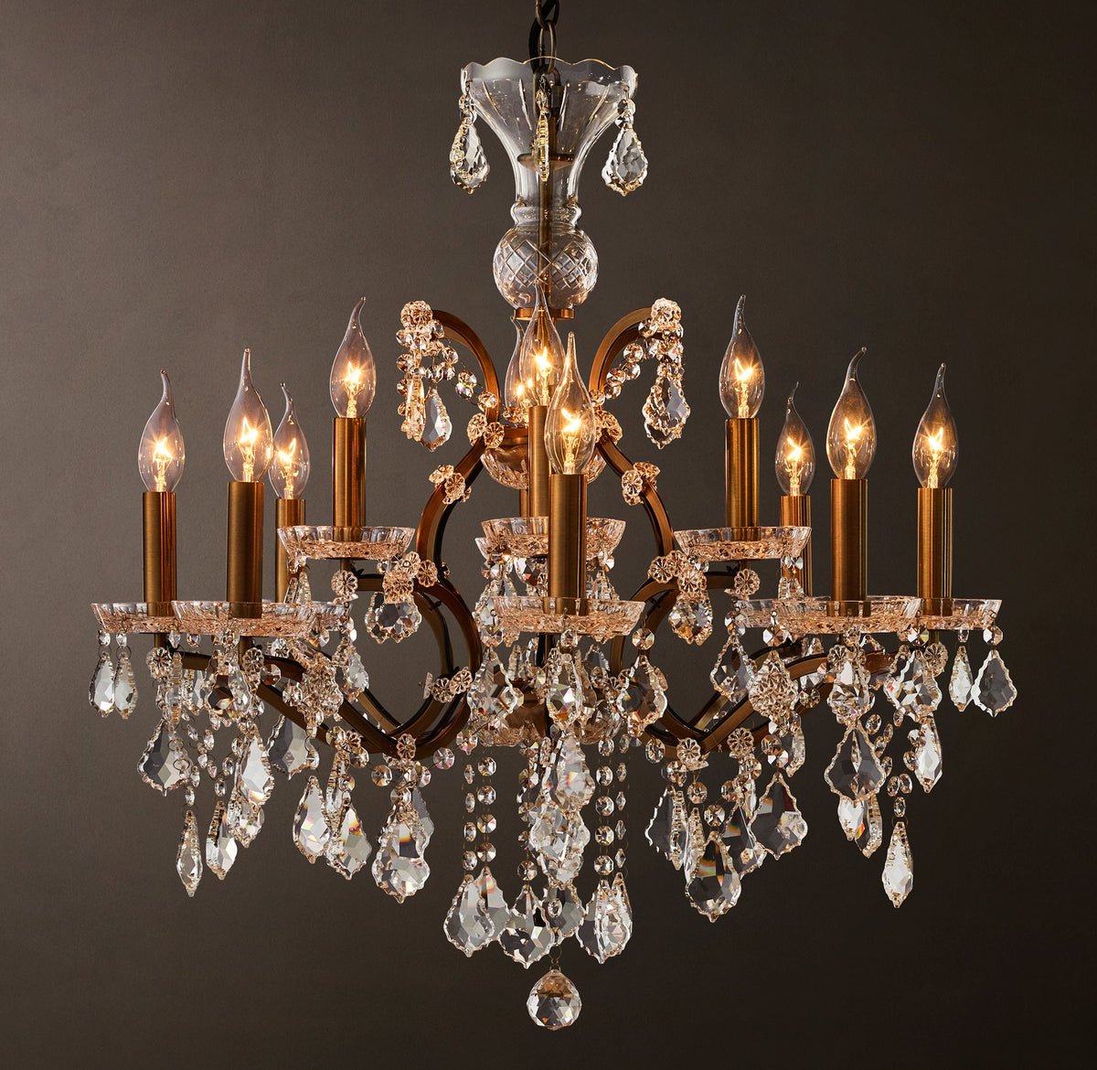 Sculptural 19th C. Rococo Iron & Crystal Round Chandelier – 28" Antiqued Brass/Clear Crystal — view 2