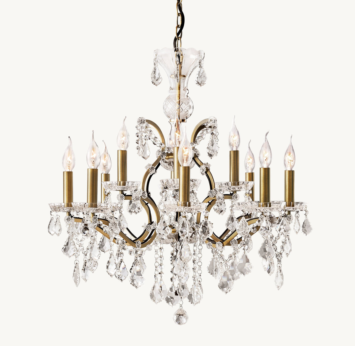Sculptural 19th C. Rococo Iron & Crystal Round Chandelier – 28" Antiqued Brass/Clear Crystal — view 3