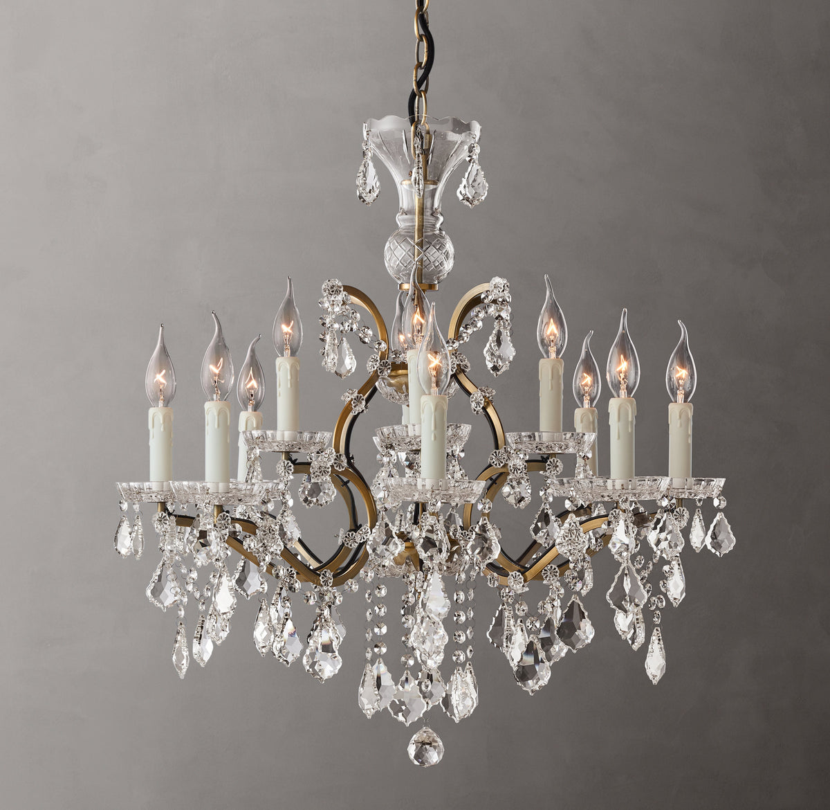 Sculptural 19th C. Rococo Iron & Crystal Round Chandelier – 28" Antiqued Brass/Clear Crystal — view 4