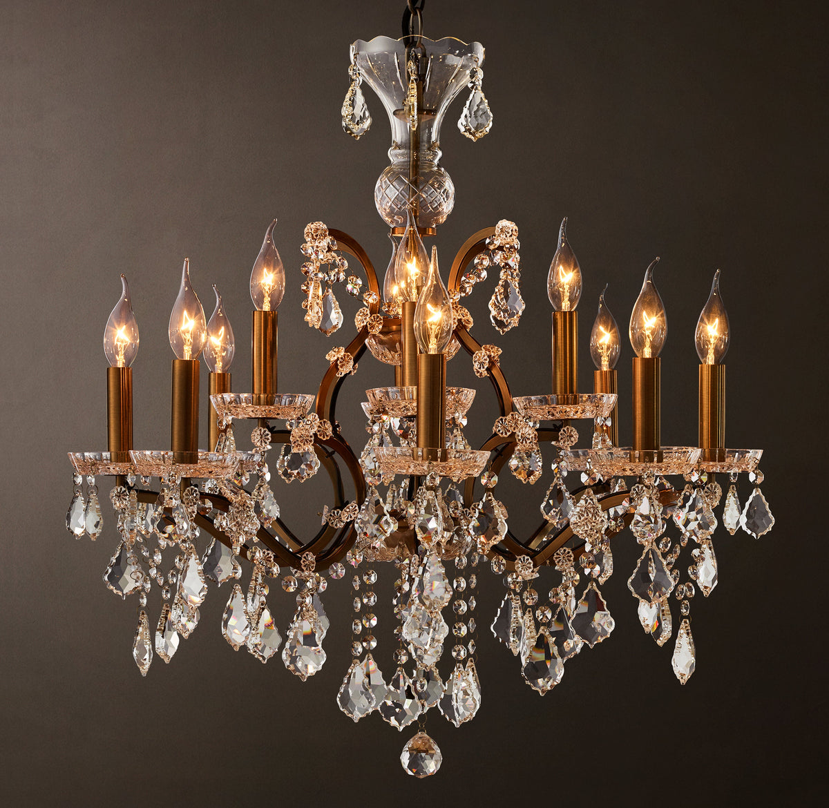 Sculptural 19th C. Rococo Iron & Crystal Round Chandelier – 28" Antiqued Brass/Clear Crystal — view 5
