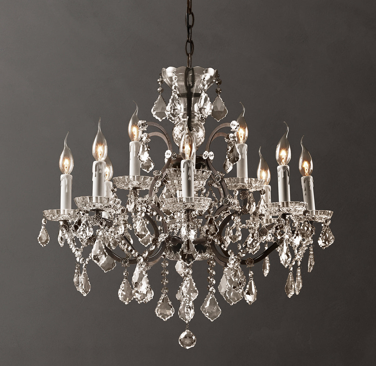 Sculptural 19th C. Rococo Iron & Crystal Round Chandelier – 28" Rustic Iron/Clear Crystal — view 1