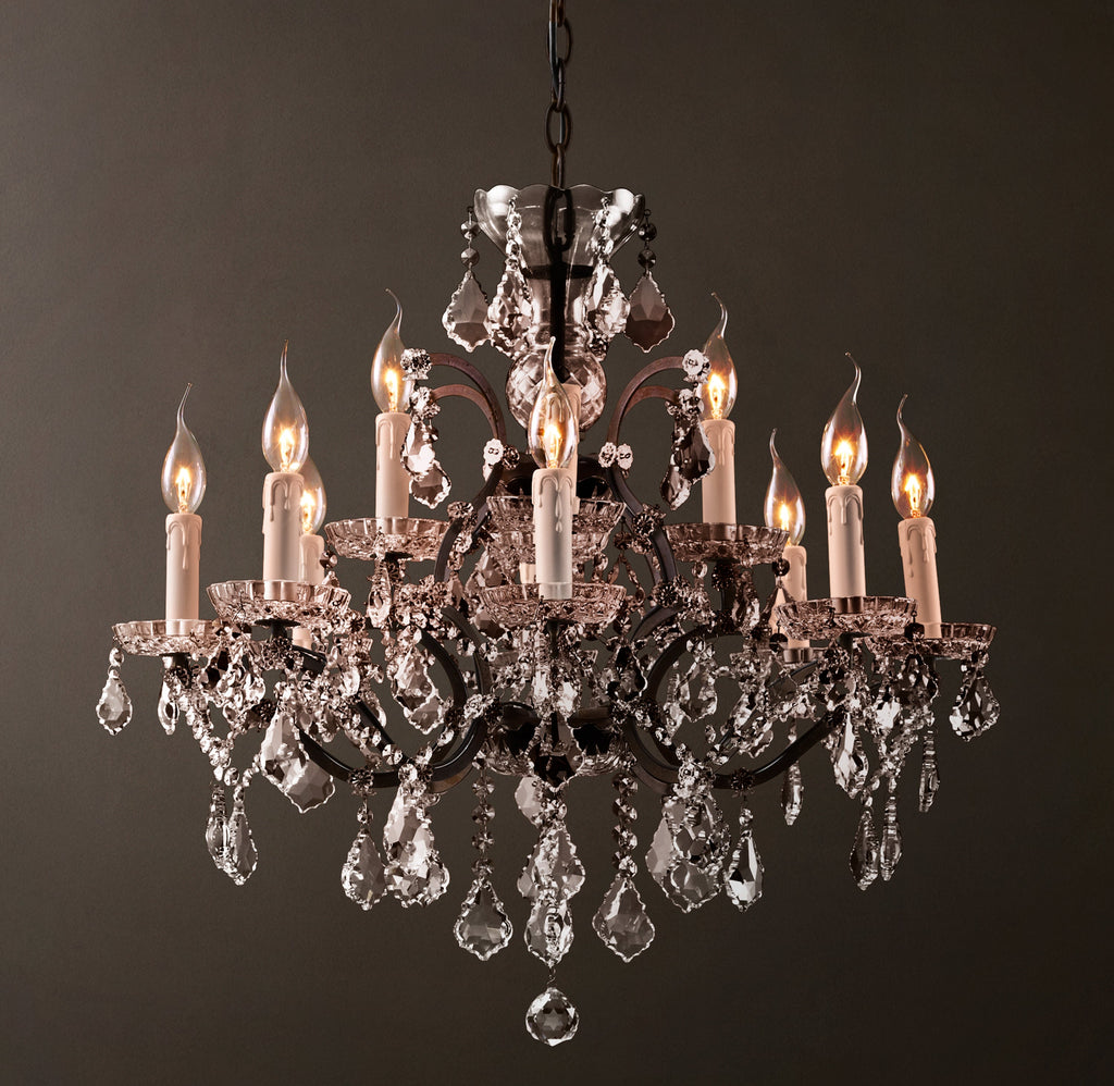 Sculptural 19th C. Rococo Iron & Crystal Round Chandelier – 28" Rustic Iron/Clear Crystal — view 2