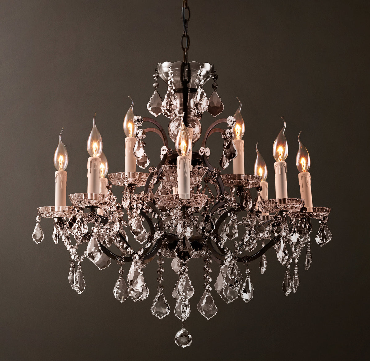 Sculptural 19th C. Rococo Iron & Crystal Round Chandelier – 28" Rustic Iron/Clear Crystal — view 2