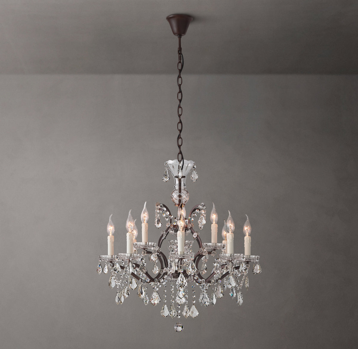 Sculptural 19th C. Rococo Iron & Crystal Round Chandelier – 28" Rustic Iron/Clear Crystal — view 4