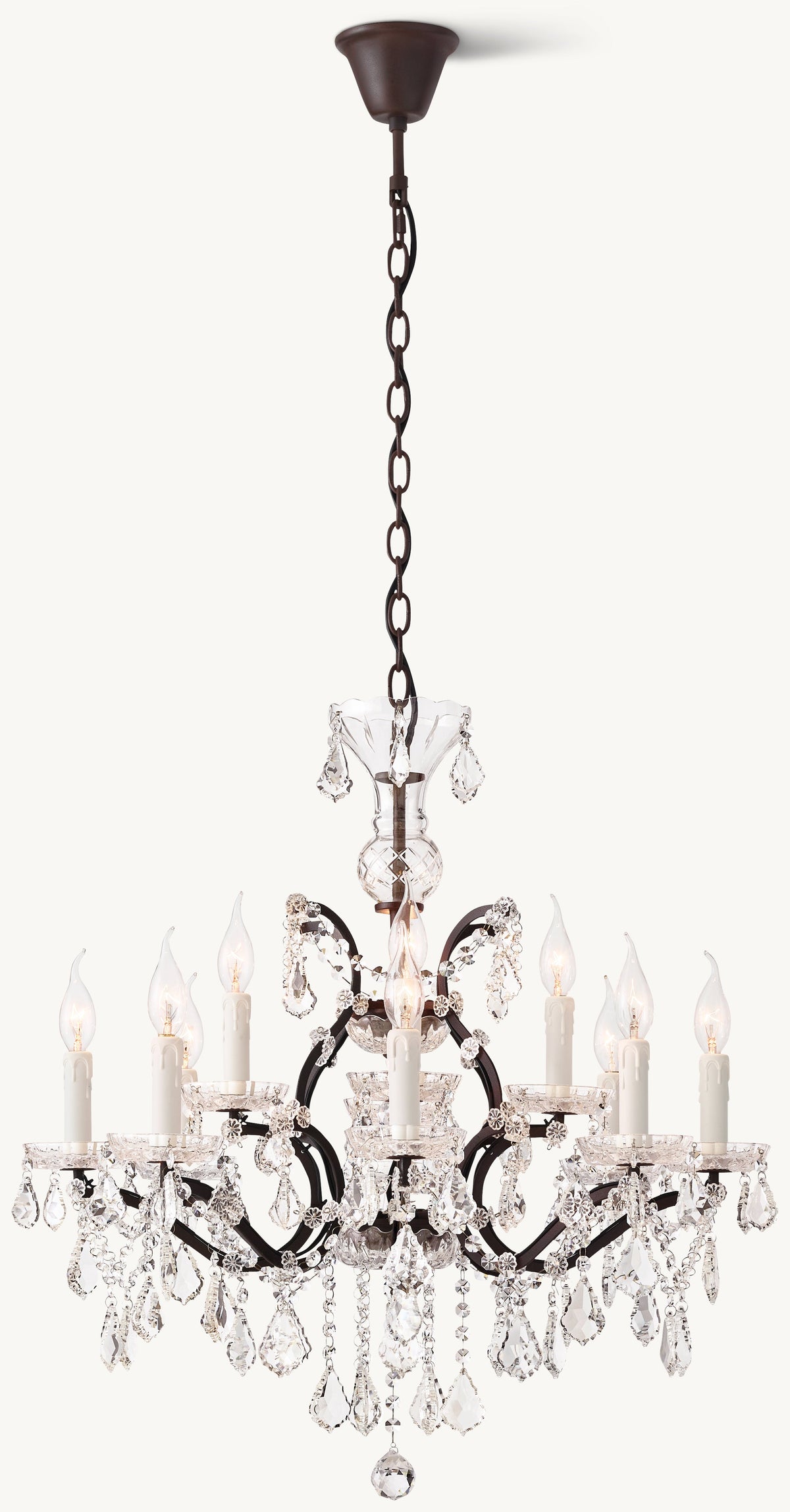 Sculptural 19th C. Rococo Iron & Crystal Round Chandelier – 28" Rustic Iron/Clear Crystal — view 5