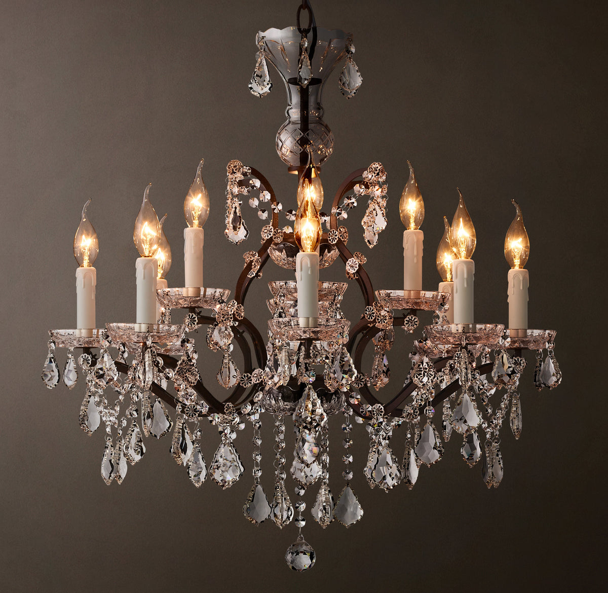 Sculptural 19th C. Rococo Iron & Crystal Round Chandelier – 28" Rustic Iron/Clear Crystal — view 6