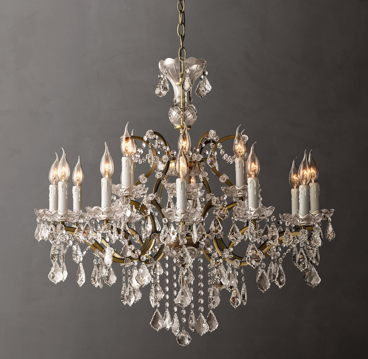 Sculptural 19th C. Rococo Iron & Crystal Round Chandelier – 33" Antiqued Brass/Clear Crystal — view 1