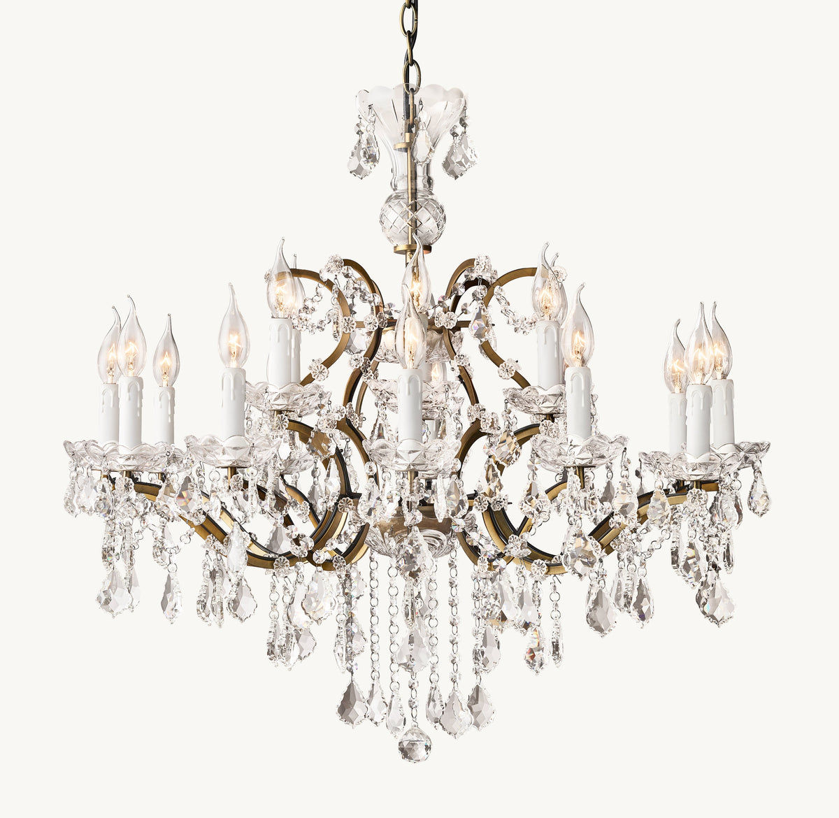 Sculptural 19th C. Rococo Iron & Crystal Round Chandelier – 33" Antiqued Brass/Clear Crystal — view 2