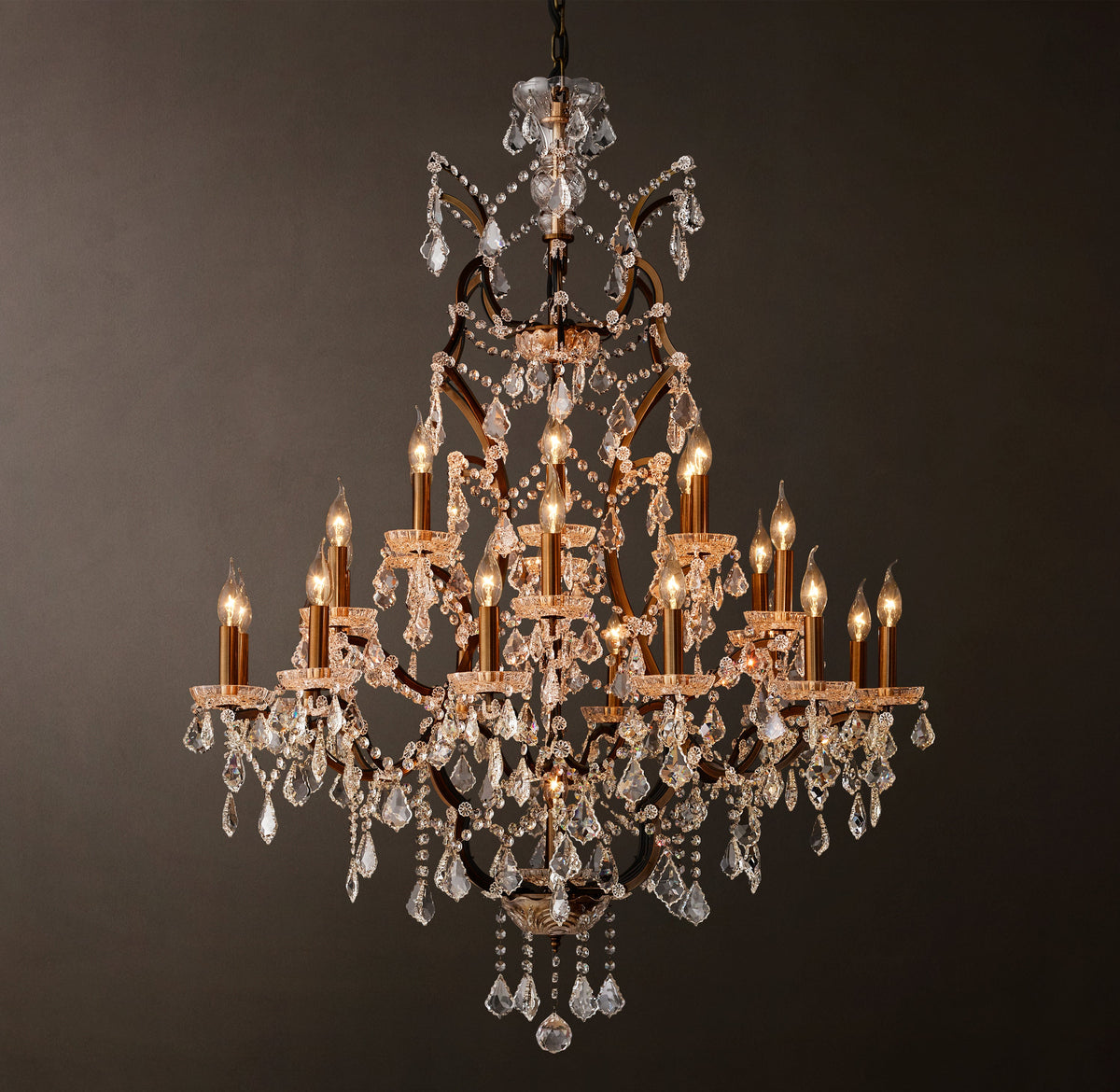 Sculptural 19th C. Rococo Iron & Crystal Round Chandelier – 40" Antiqued Brass/Clear Crystal — view 2