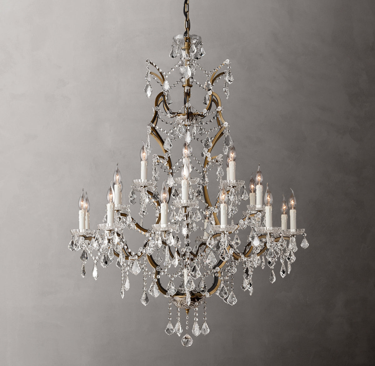 Sculptural 19th C. Rococo Iron & Crystal Round Chandelier – 40" Antiqued Brass/Clear Crystal — view 4