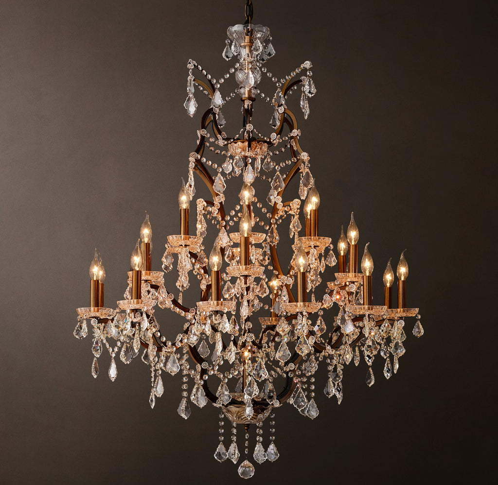 Sculptural 19th C. Rococo Iron & Crystal Round Chandelier – 40" Antiqued Brass/Clear Crystal — view 5