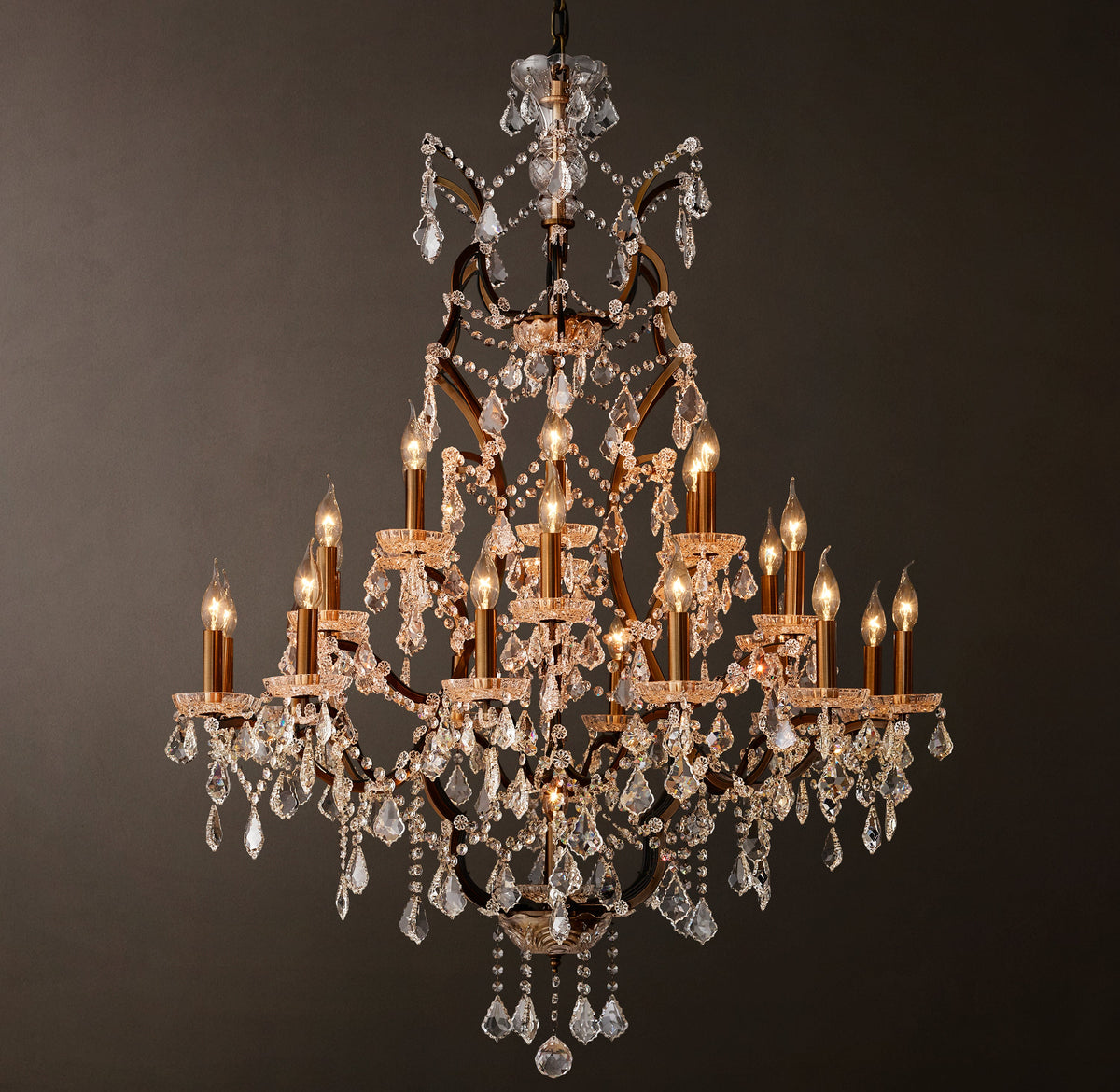 Sculptural 19th C. Rococo Iron & Crystal Round Chandelier – 40" Antiqued Brass/Clear Crystal — view 5