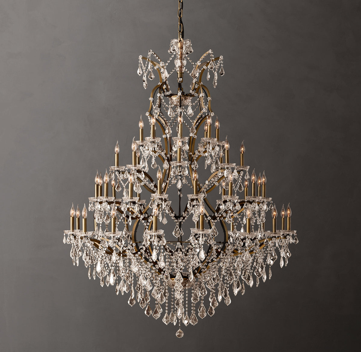 Sculptural 19th C. Rococo Iron & Crystal Round Chandelier – 60" Antiqued Brass/Clear Crystal — view 1