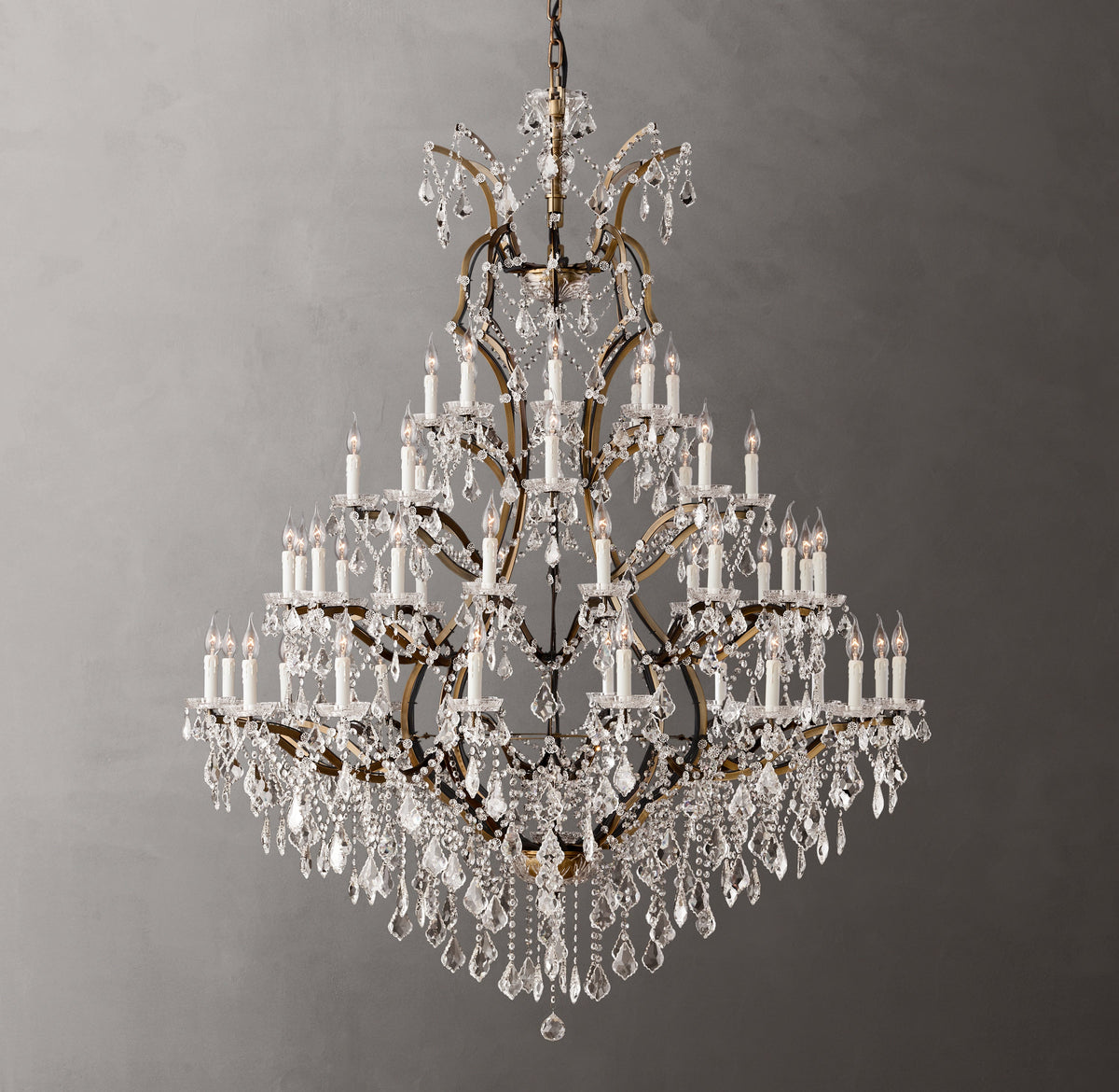 Sculptural 19th C. Rococo Iron & Crystal Round Chandelier – 60" Antiqued Brass/Clear Crystal — view 3