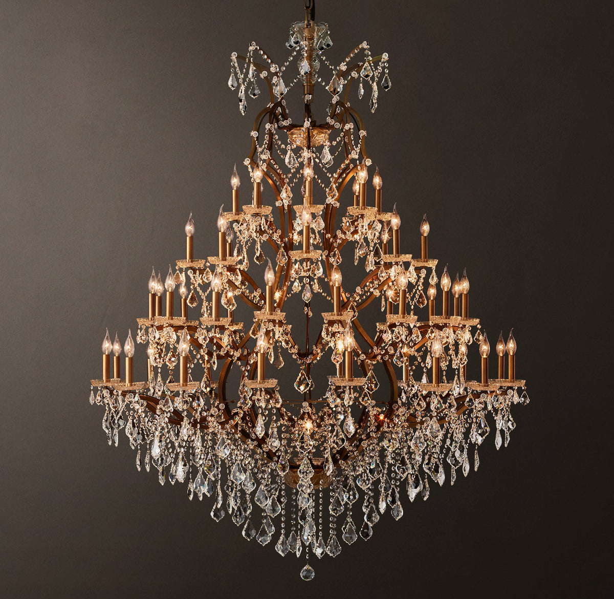 Sculptural 19th C. Rococo Iron & Crystal Round Chandelier – 60" Antiqued Brass/Clear Crystal — view 4