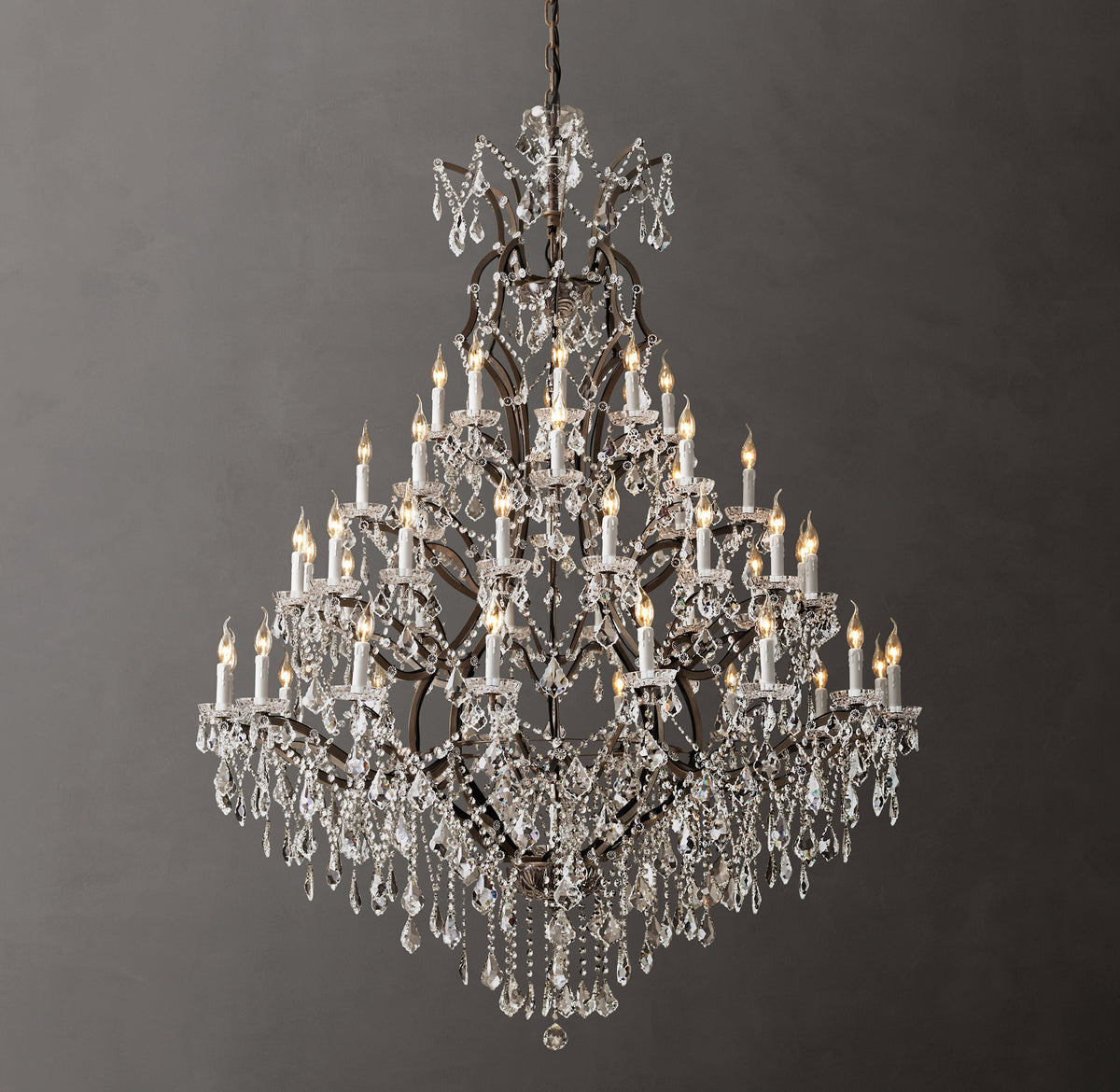 Sculptural 19th C. Rococo Iron & Crystal Round Chandelier – 60" Rustic Iron/Clear Crystal — view 1