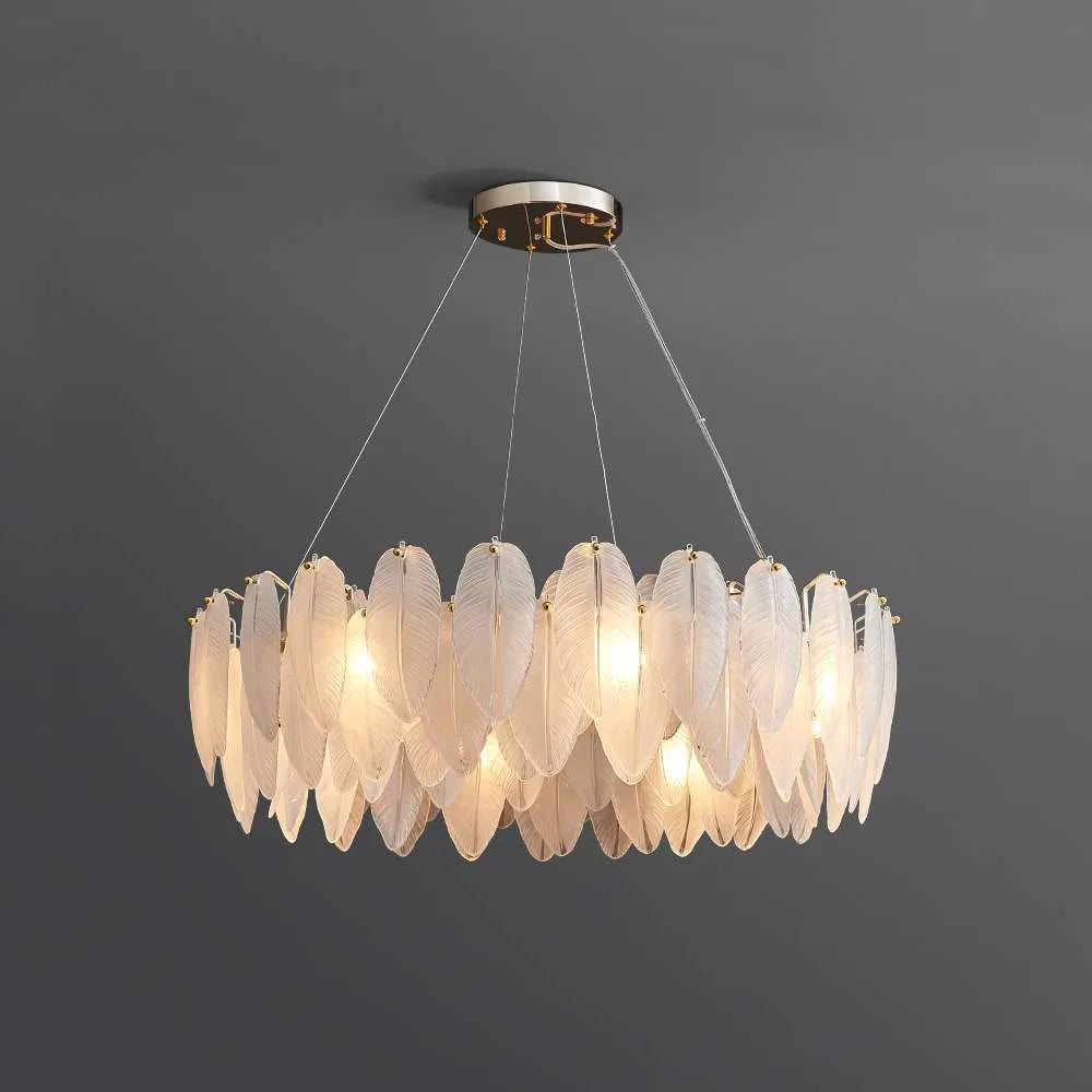 Contemporary Feather Glass Shade Chandelier in White - view 1