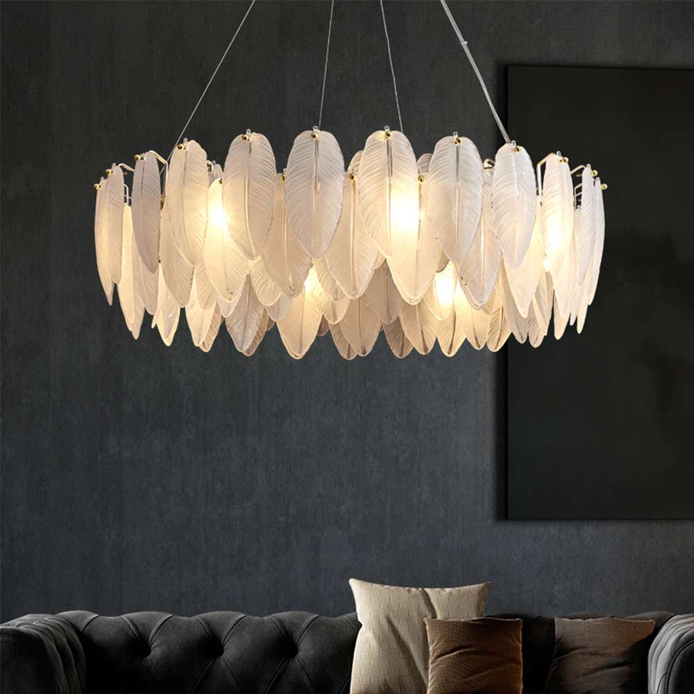 Contemporary Feather Glass Shade Chandelier in White - view 3