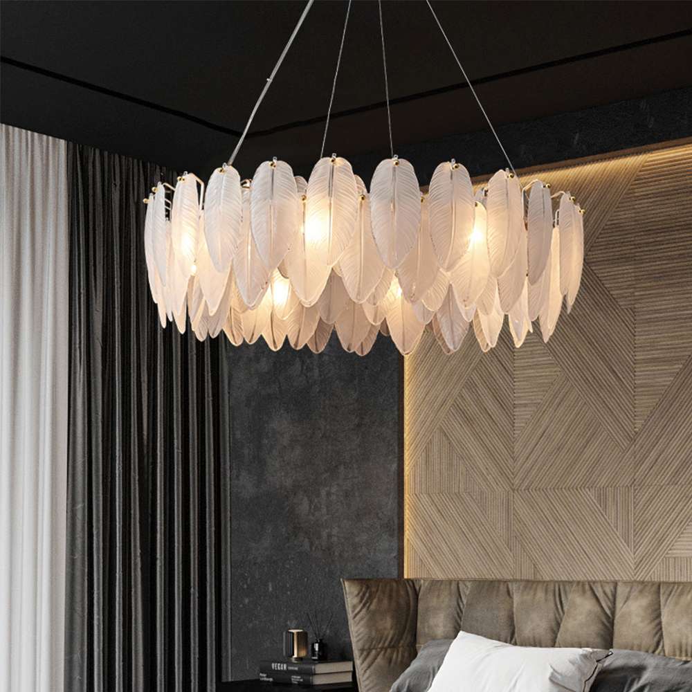 Contemporary Feather Glass Shade Chandelier in White - view 4