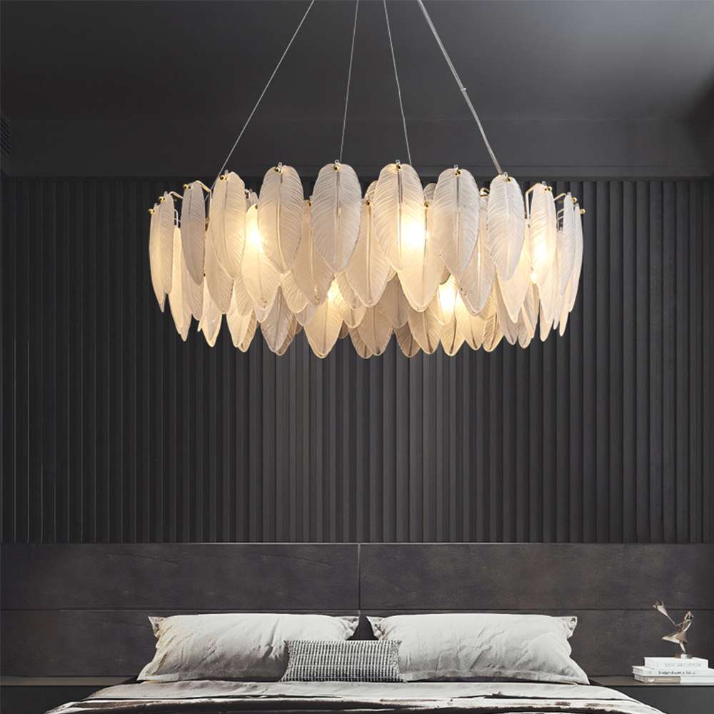 Contemporary Feather Glass Shade Chandelier in White - view 5