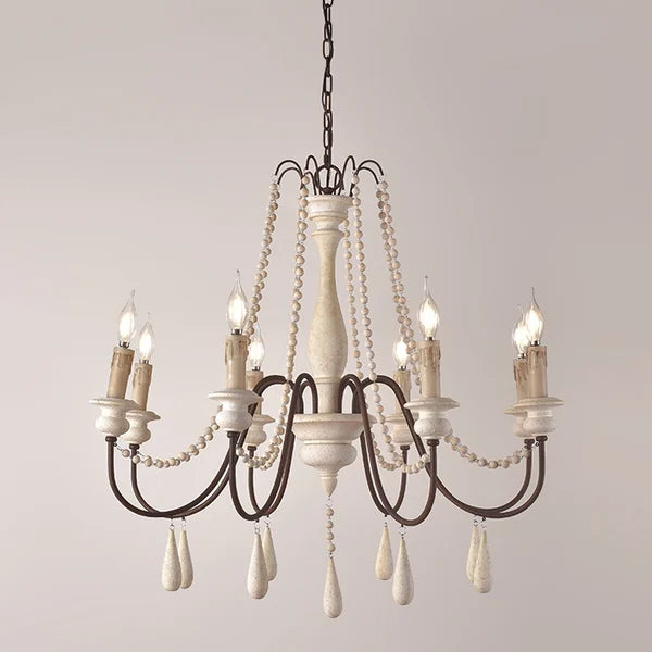 French Rustic Wood Bead Candle Chandelier for Dining Room - view 1