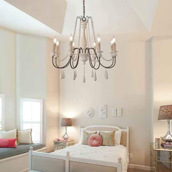 French Rustic Wood Bead Candle Chandelier for Dining Room - view 3