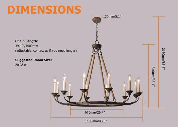 Vintage Candelabra Chandelier Lamp with Flaxen Hemp Rope - view 10
