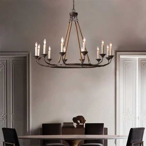 Vintage Candelabra Chandelier Lamp with Flaxen Hemp Rope - view 2