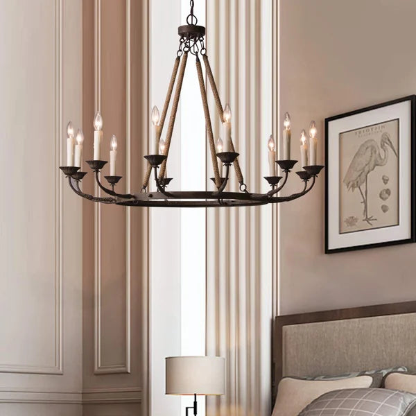 Vintage Candelabra Chandelier Lamp with Flaxen Hemp Rope - view 3