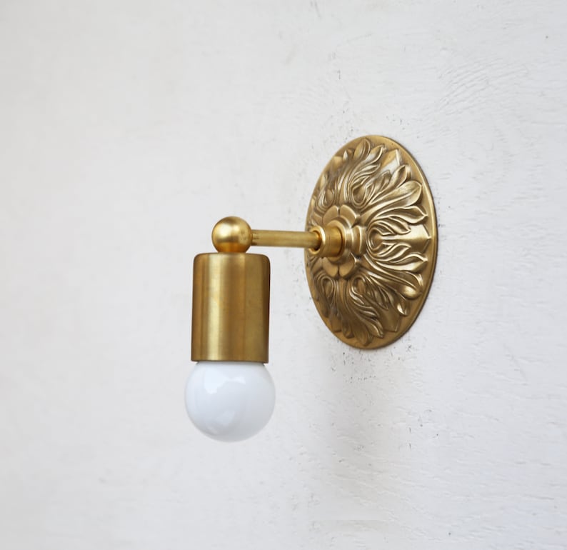 Embossed Base Brass Sconce Round Backplane 4 3/4" Wide Minimalist - view 1