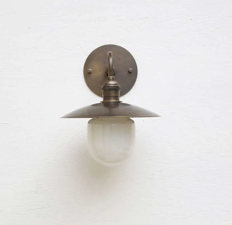 Industrial Milk White Glass Shade Solid Brass Wall Sconce - view 1