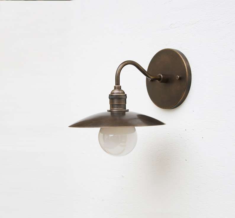 Brass Hat Shade Round Backplane Modern Round Brass Wall Sconce - view 1